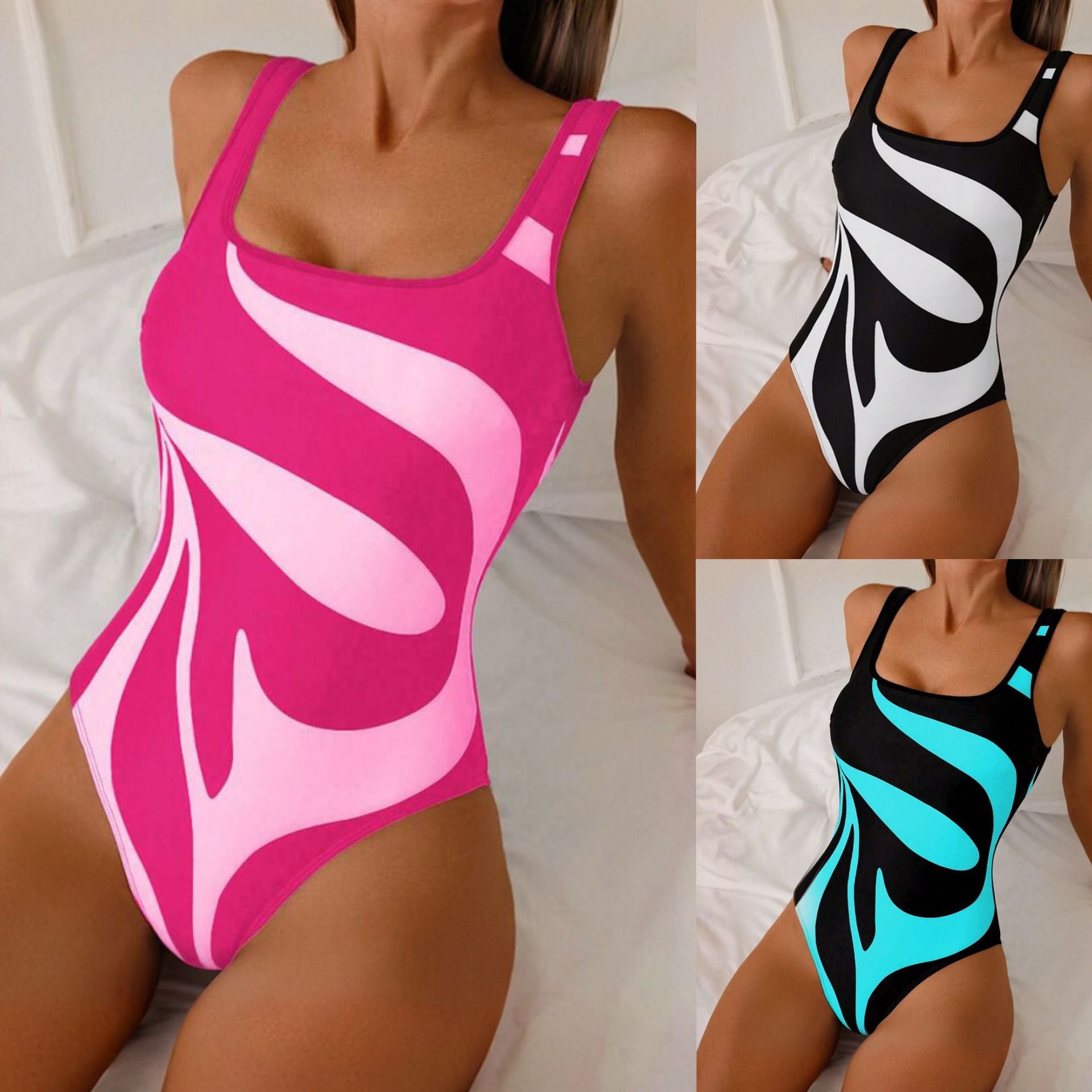 Tropical Waves One-Piece Swimsuit – Suspender Design