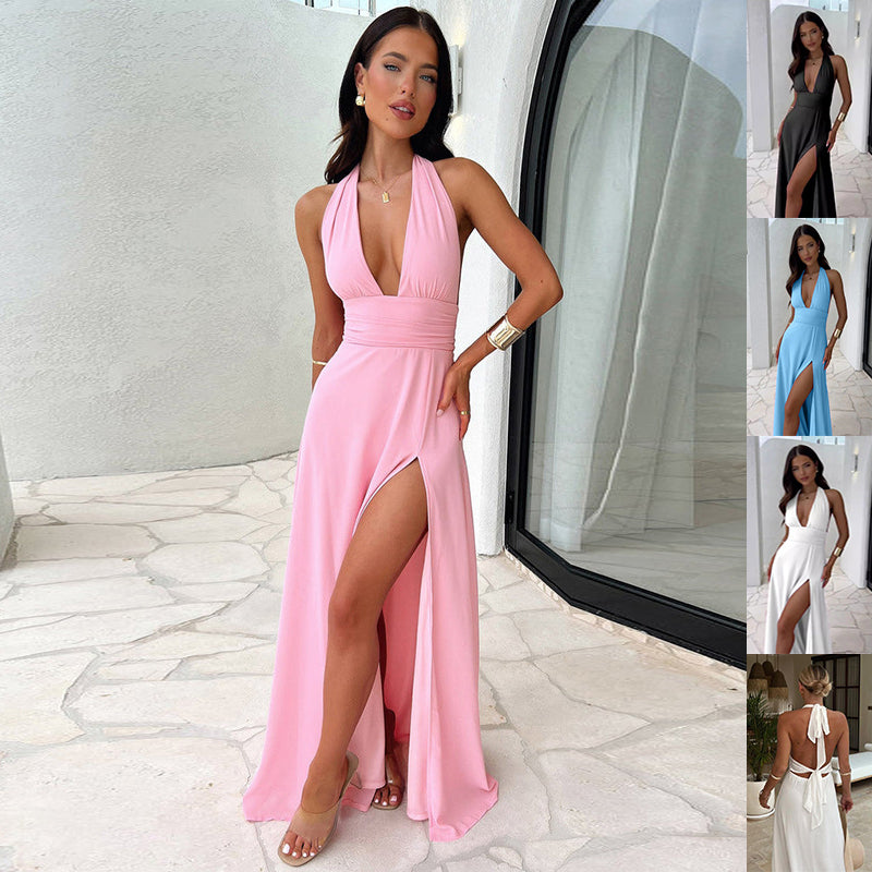 Halterneck V-Neck Slit Summer Dress