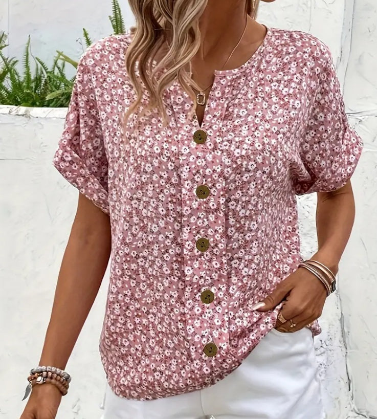 Women’s V-Neck Jacquard Plant Print Tee