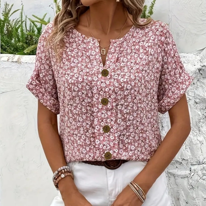 Women’s V-Neck Jacquard Plant Print Tee