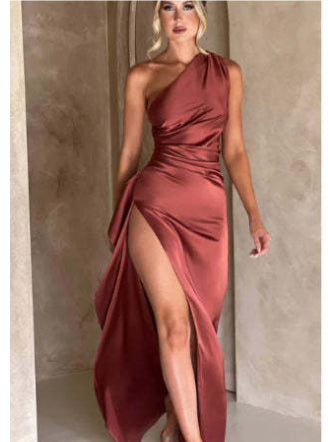 Luna One-Shoulder Satin Slit Dress