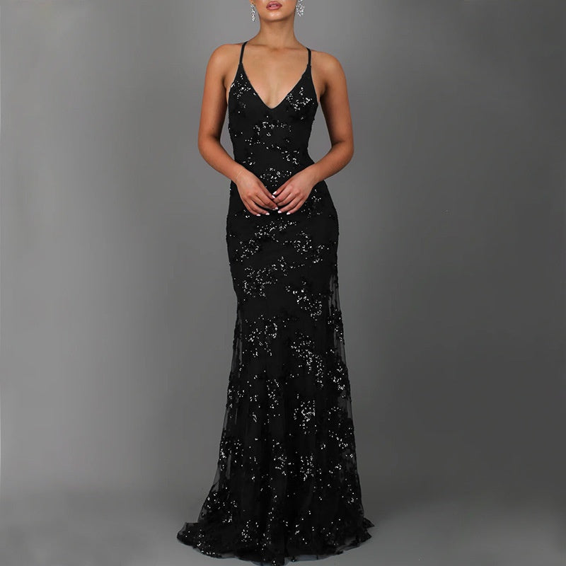 Sparkling V-Neck Backless Sequin Lace-Up Evening Dress