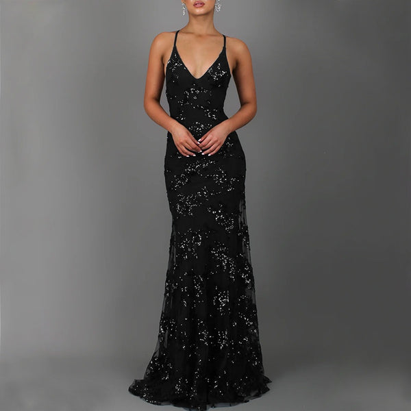 Sparkling V-Neck Backless Sequin Lace-Up Evening Dress