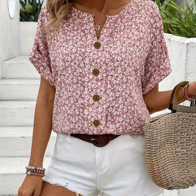 Women’s V-Neck Jacquard Plant Print Tee