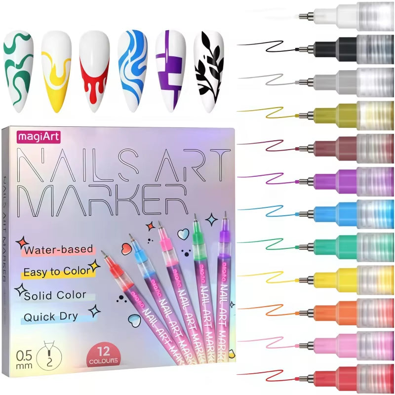 12-Pack Nail Art Design Pens – Quick-Dry Waterproof 0.5mm Acrylic Painting Set