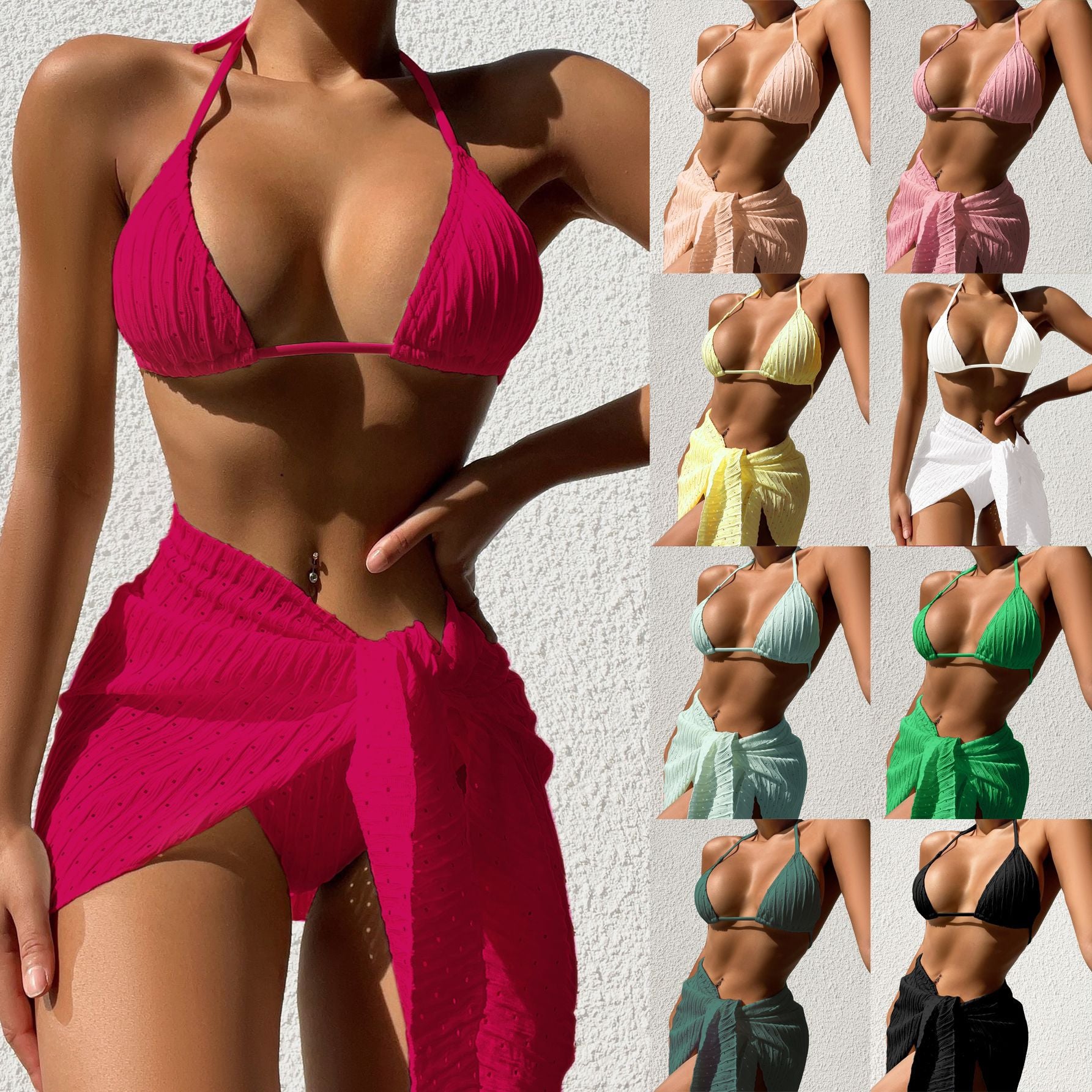 3-Piece Halterneck Bikini Set with Mesh Skirt - Sexy Backless Swimwear for Summer Fun