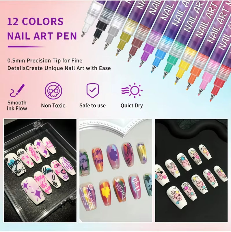 12-Pack Nail Art Design Pens – Quick-Dry Waterproof 0.5mm Acrylic Painting Set