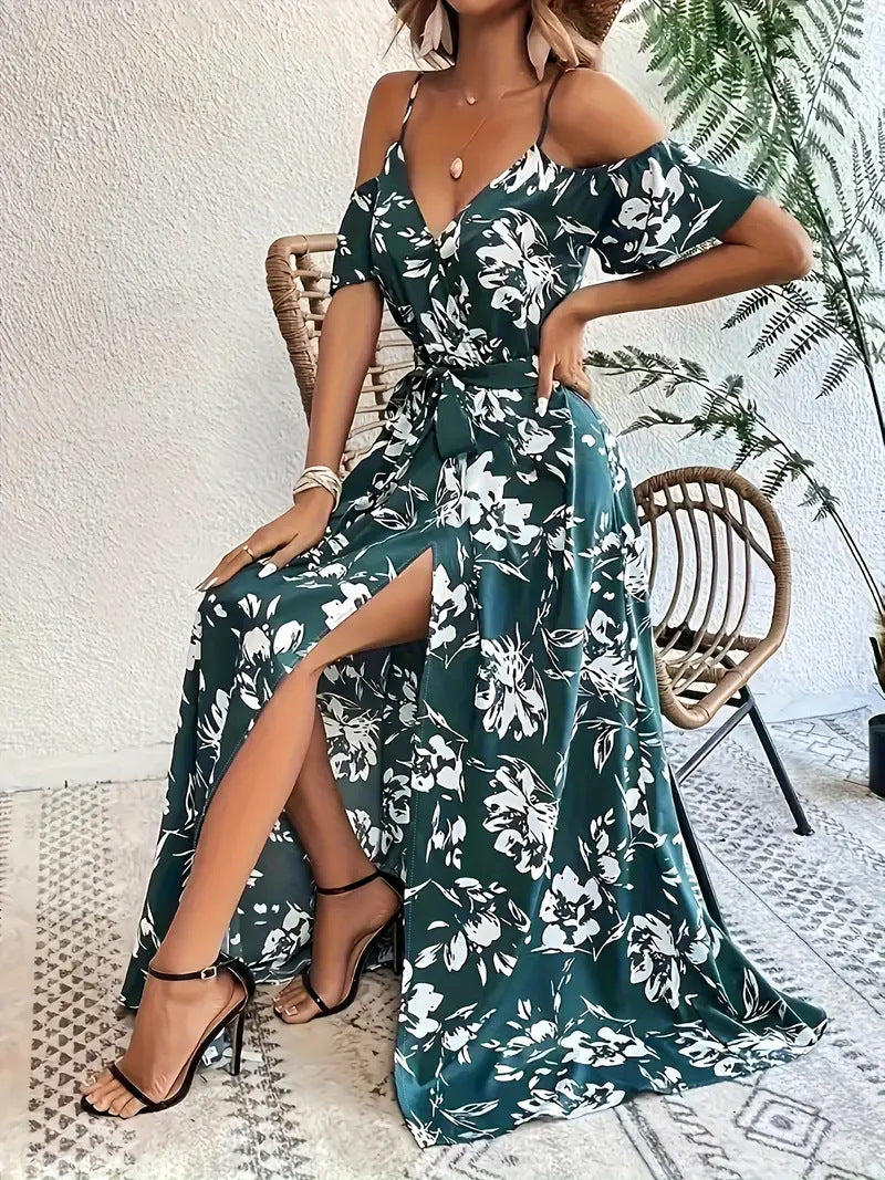 Summer Floral Off-Shoulder Split Maxi Dress