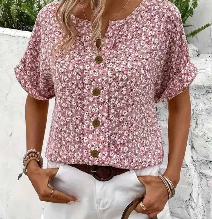 Women’s V-Neck Jacquard Plant Print Tee