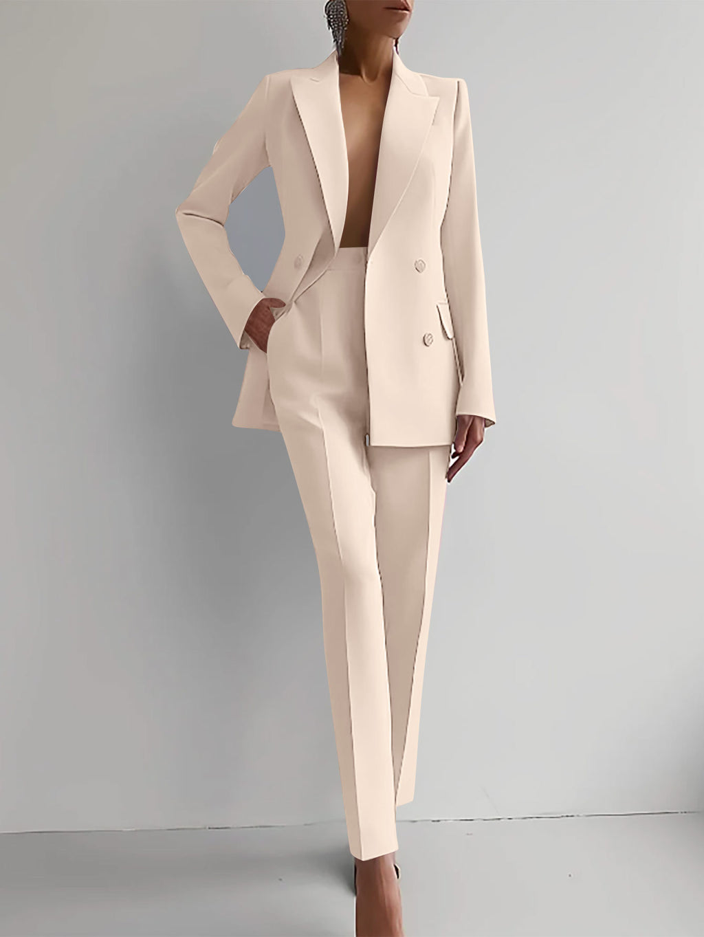 Women's Business Casual Suit Set: Long Sleeve Single-Breasted Jacket and Slim Fit Trousers