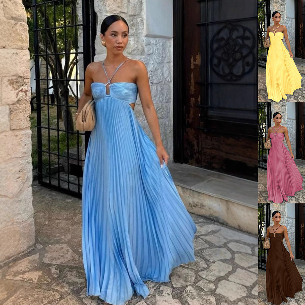 Halter Pleated Sleeveless Sling Dress  